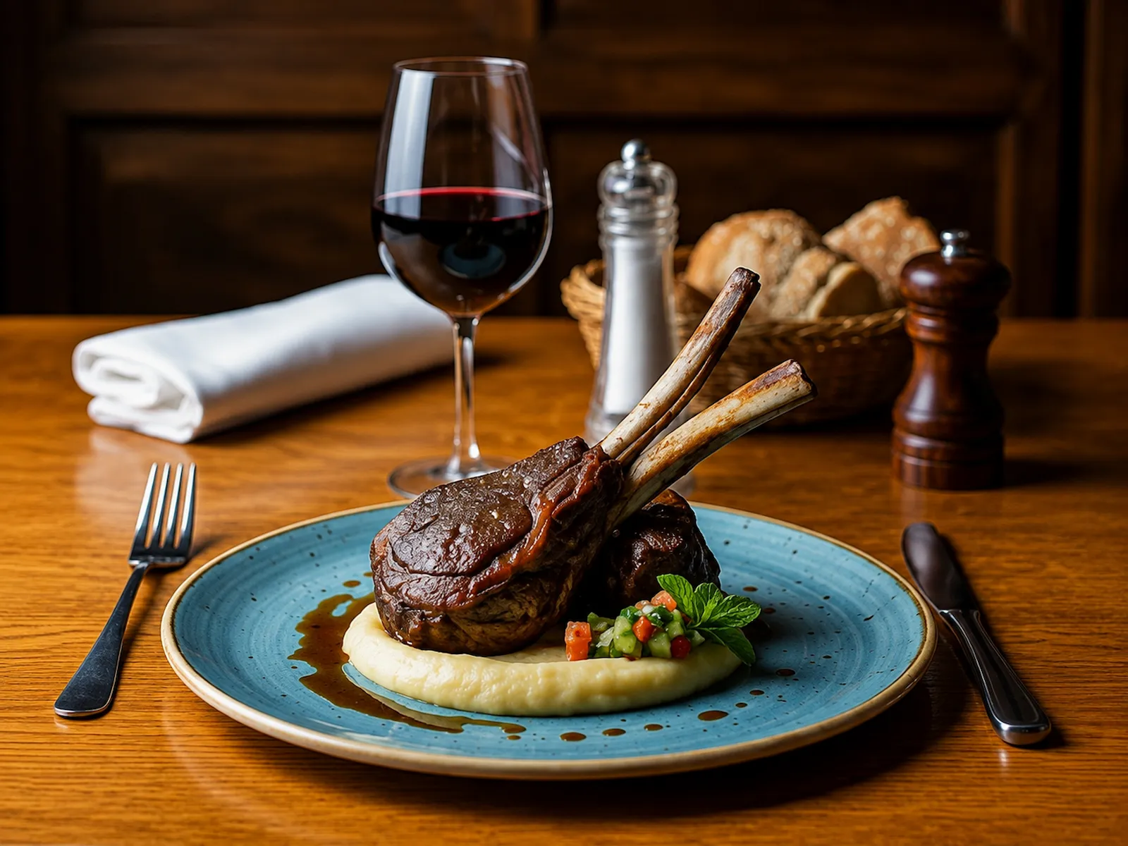 Cordero al asador y mesa de comida patagónica junto al fuego